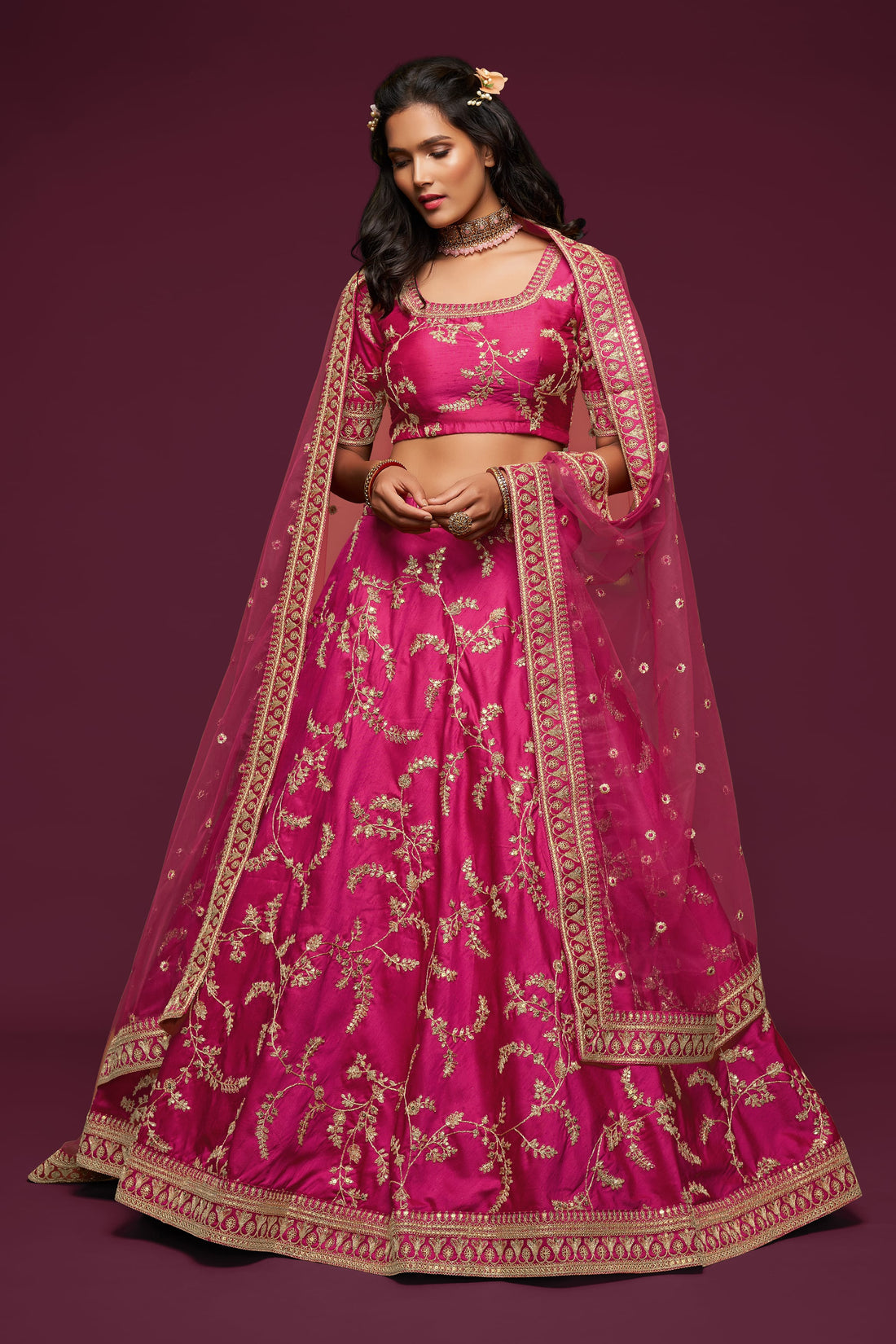 Rani Pink Gold Embroidered Lehenga Choli with Dupatta