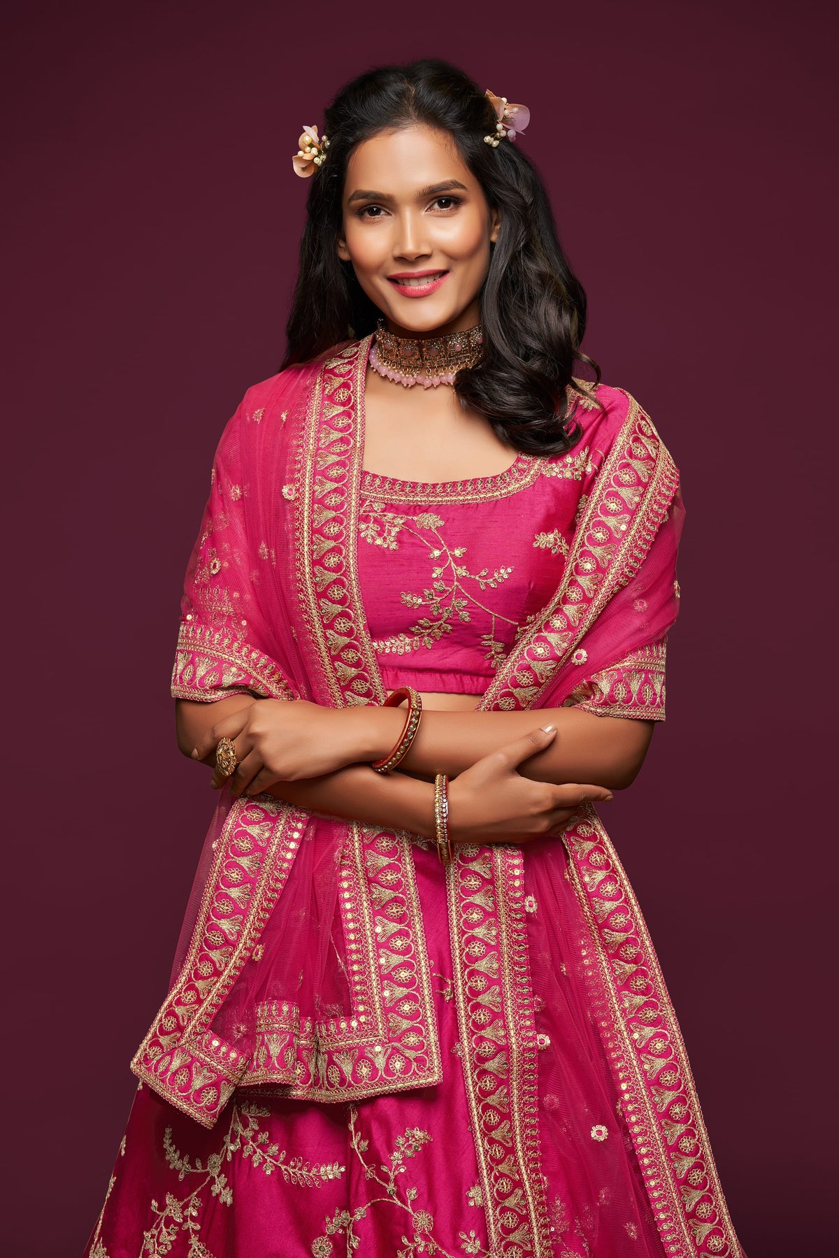 Rani Pink Gold Embroidered Lehenga Choli with Dupatta