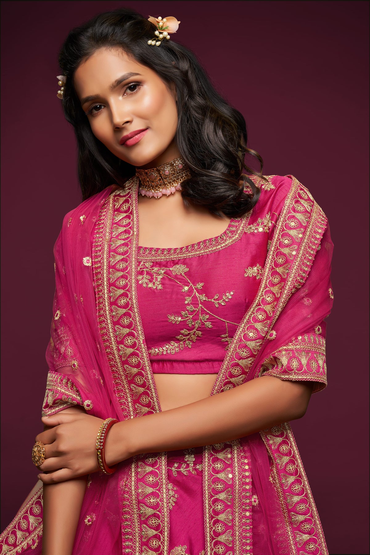 Rani Pink Gold Embroidered Lehenga Choli with Dupatta