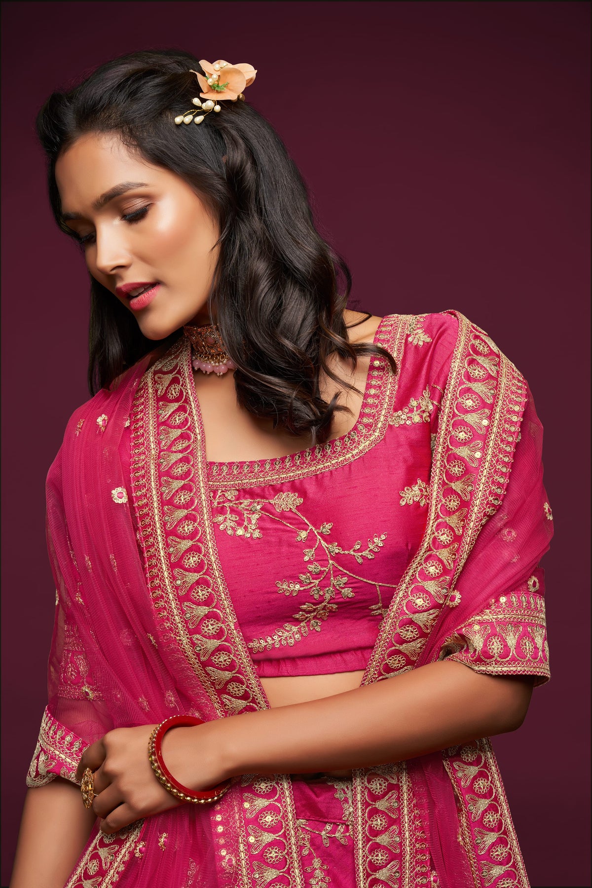 Rani Pink Gold Embroidered Lehenga Choli with Dupatta