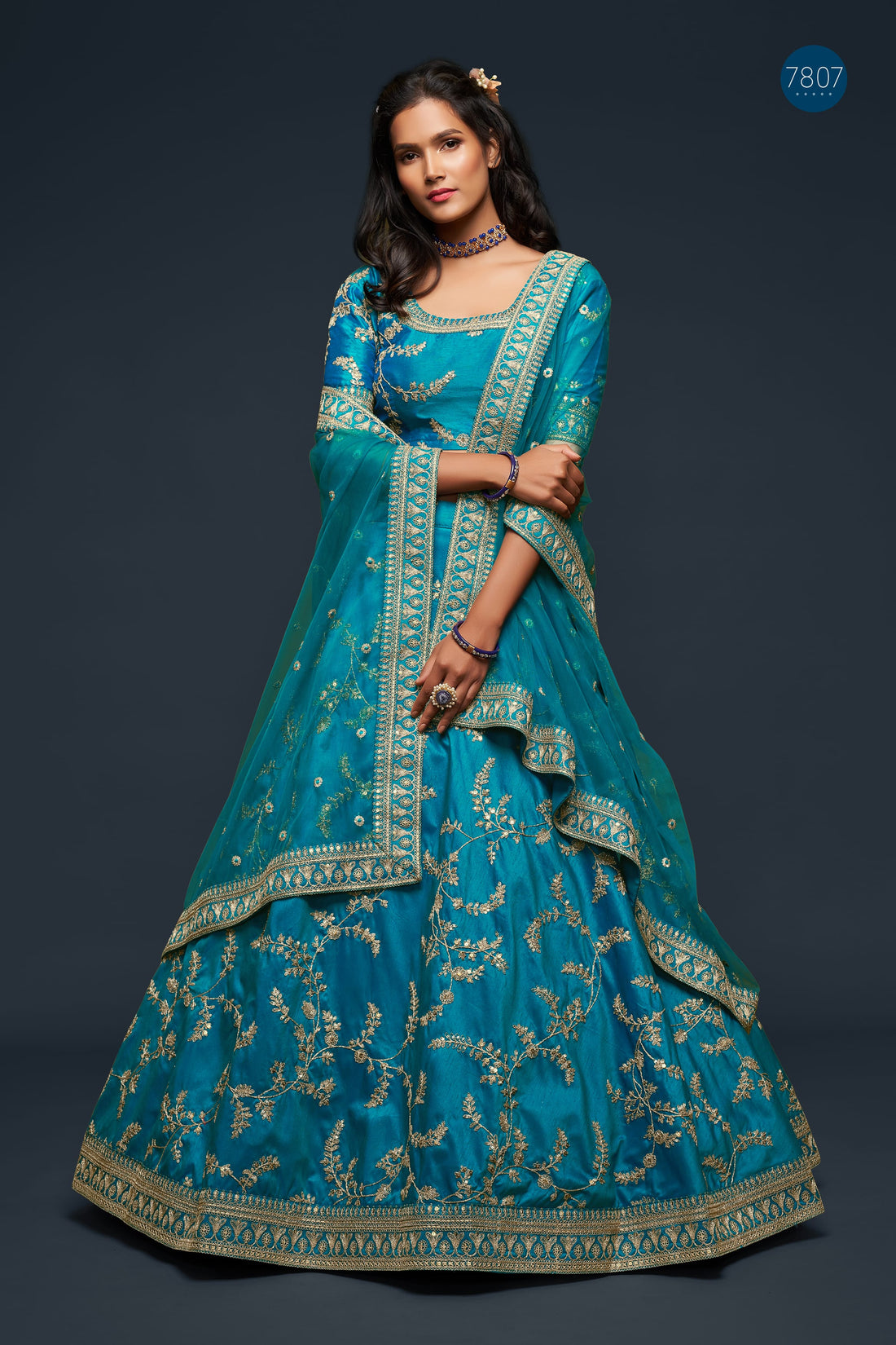 Teal Blue Gold Embroidered Lehenga Choli with Dupatta
