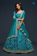 Teal Blue Gold Embroidered Lehenga Choli with Dupatta