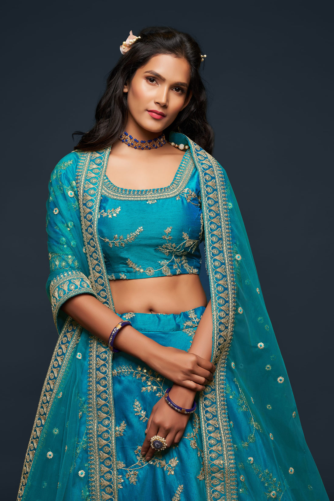 Teal Blue Gold Embroidered Lehenga Choli with Dupatta