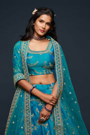 Teal Blue Gold Embroidered Lehenga Choli with Dupatta