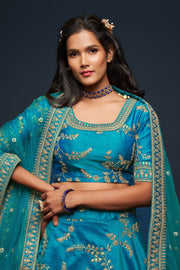 Teal Blue Gold Embroidered Lehenga Choli with Dupatta