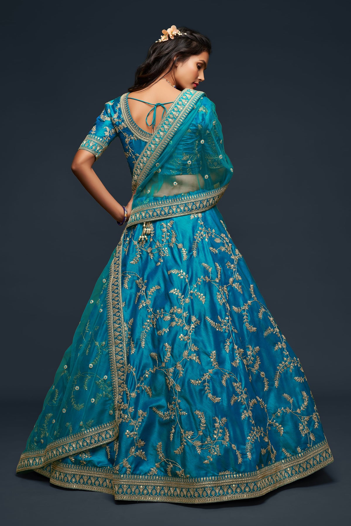 Teal Blue Gold Embroidered Lehenga Choli with Dupatta