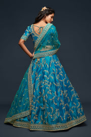 Teal Blue Gold Embroidered Lehenga Choli with Dupatta
