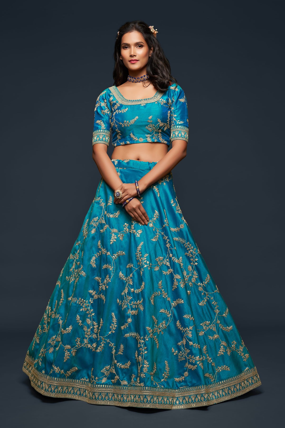 Teal Blue Gold Embroidered Lehenga Choli with Dupatta