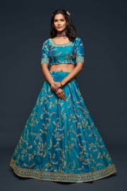 Teal Blue Gold Embroidered Lehenga Choli with Dupatta