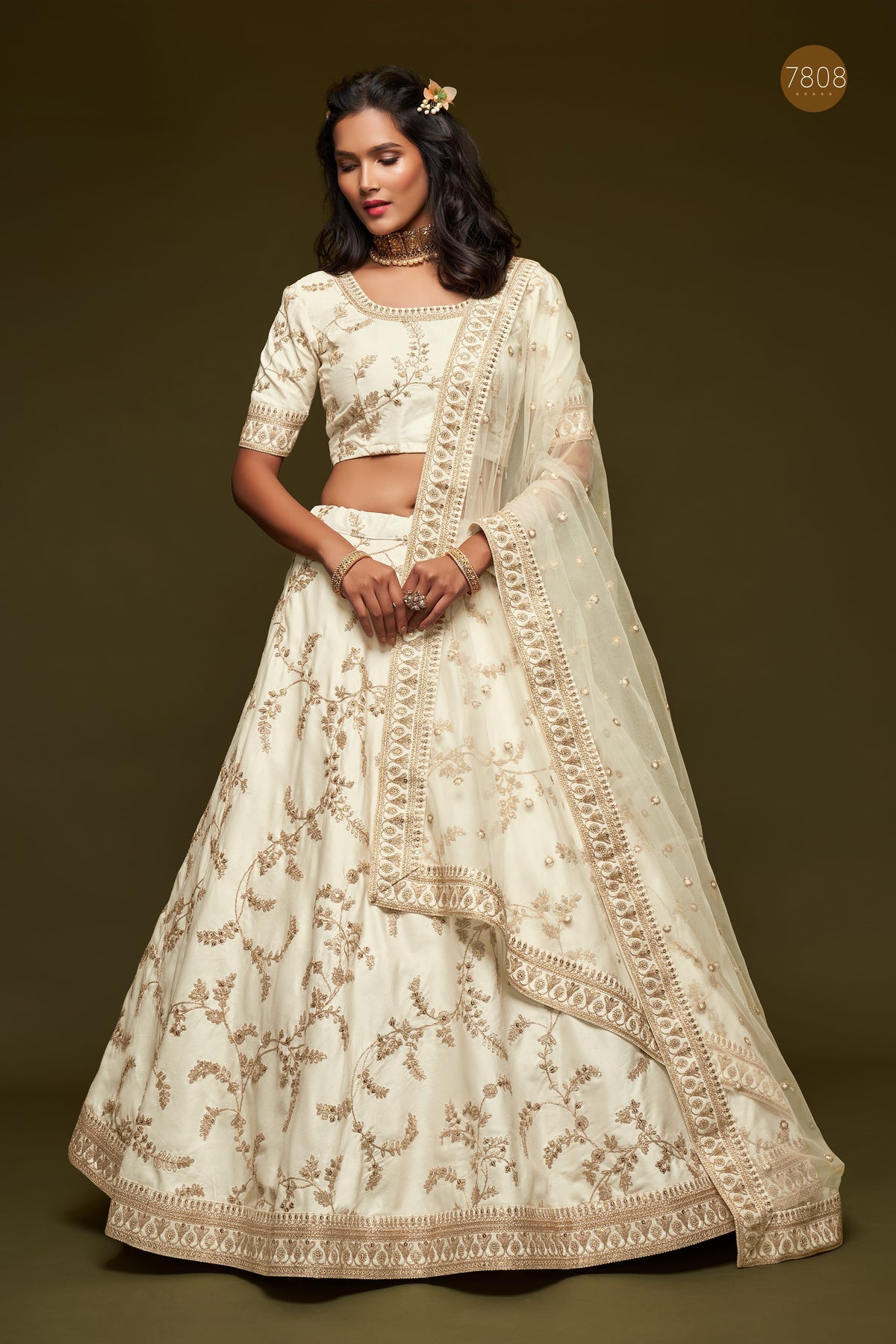 Ivory White Gold Embroidered Lehenga Choli with Dupatta