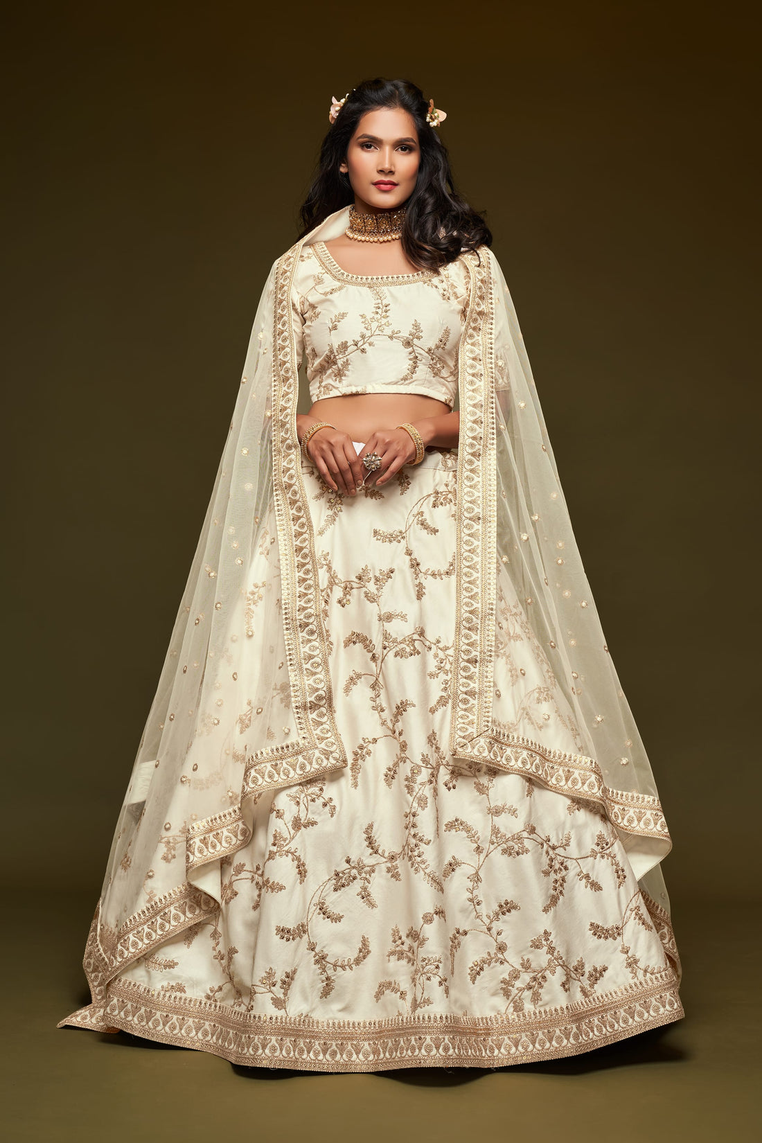 Ivory White Gold Embroidered Lehenga Choli with Dupatta