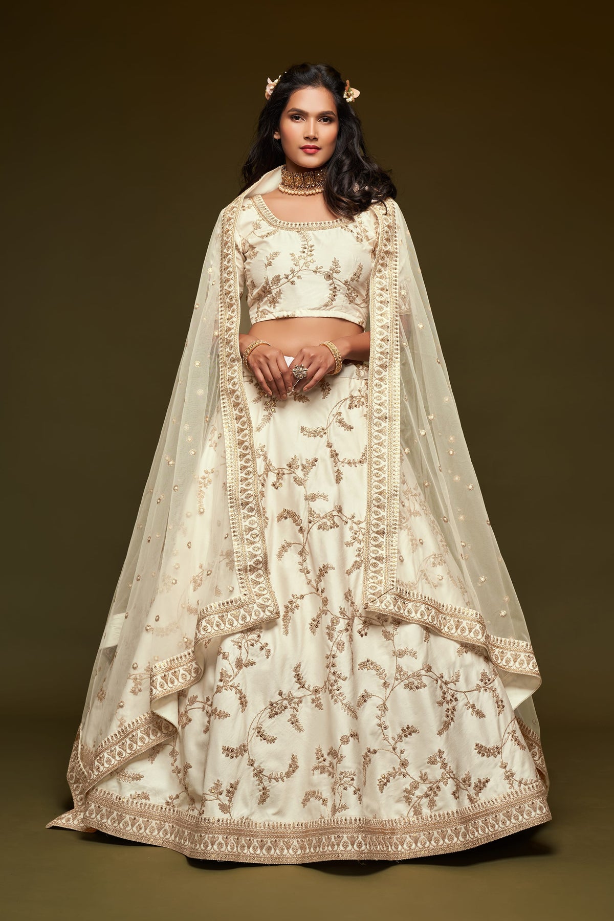Ivory White Gold Embroidered Lehenga Choli with Dupatta