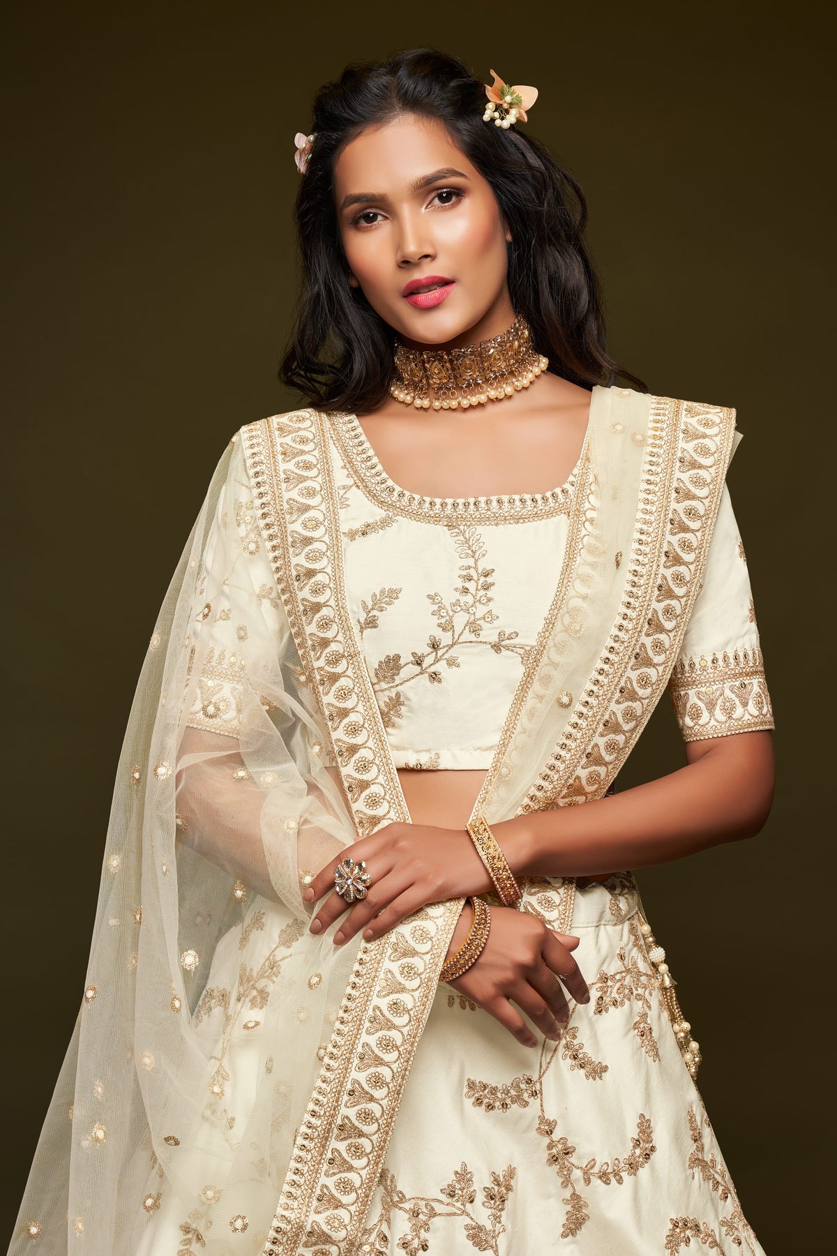 Ivory White Gold Embroidered Lehenga Choli with Dupatta