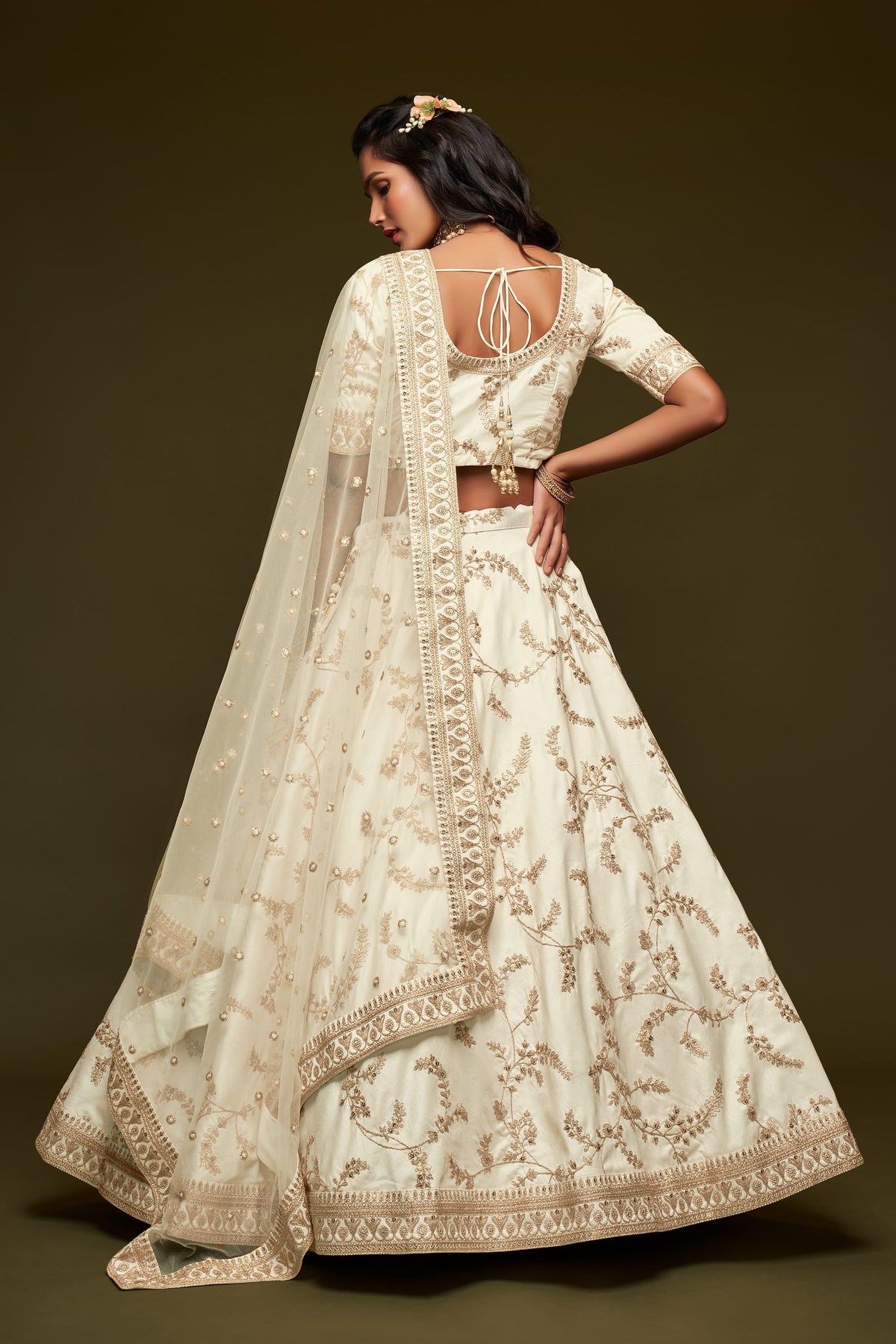 Ivory White Gold Embroidered Lehenga Choli with Dupatta