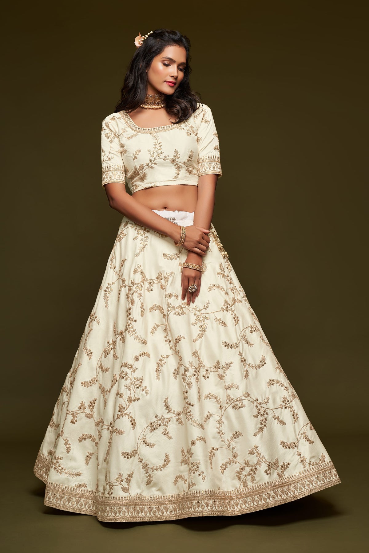 Ivory White Gold Embroidered Lehenga Choli with Dupatta