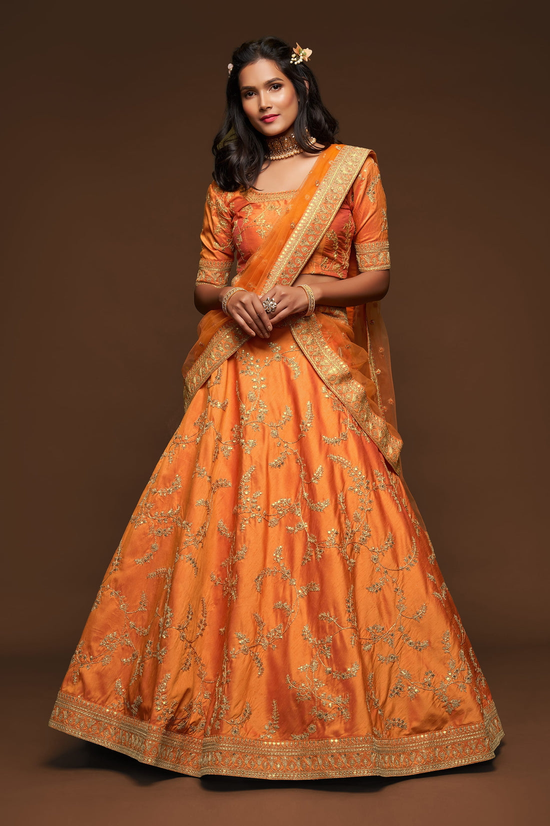 Orange Gold Embroidered Lehenga Choli with Dupatta