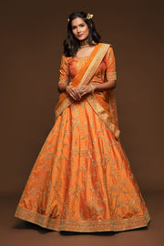 Orange Gold Embroidered Lehenga Choli with Dupatta