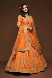 Orange Gold Embroidered Lehenga Choli with Dupatta