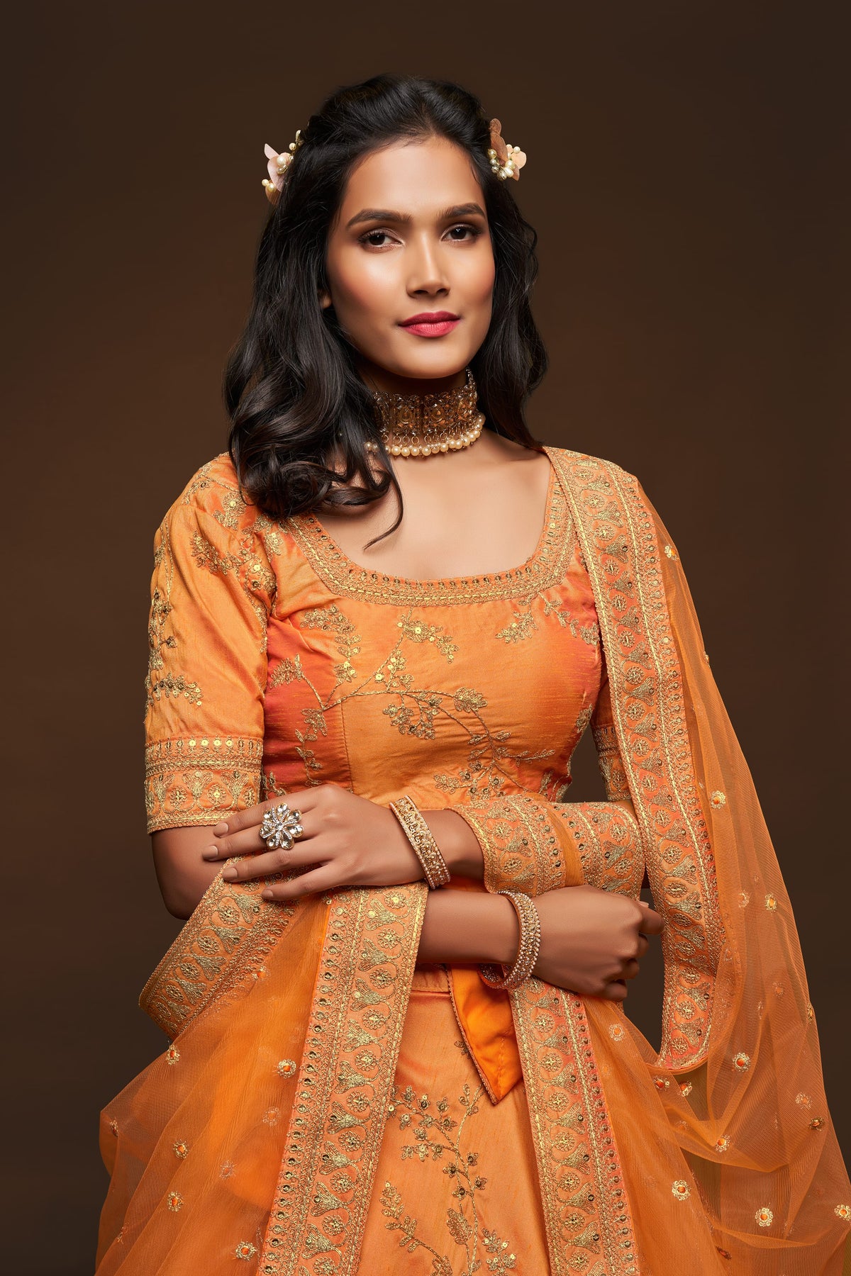 Orange Gold Embroidered Lehenga Choli with Dupatta