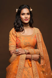 Orange Gold Embroidered Lehenga Choli with Dupatta