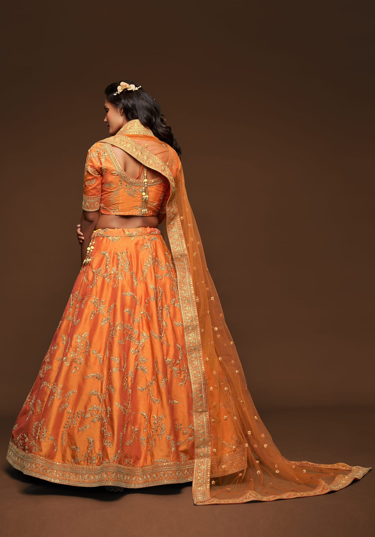 Orange Gold Embroidered Lehenga Choli with Dupatta