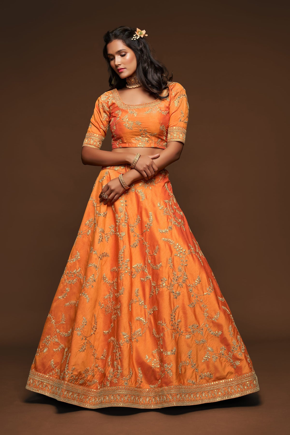 Orange Gold Embroidered Lehenga Choli with Dupatta