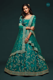 Emerald Teal Gold Embroidered Lehenga Choli with Dupatta