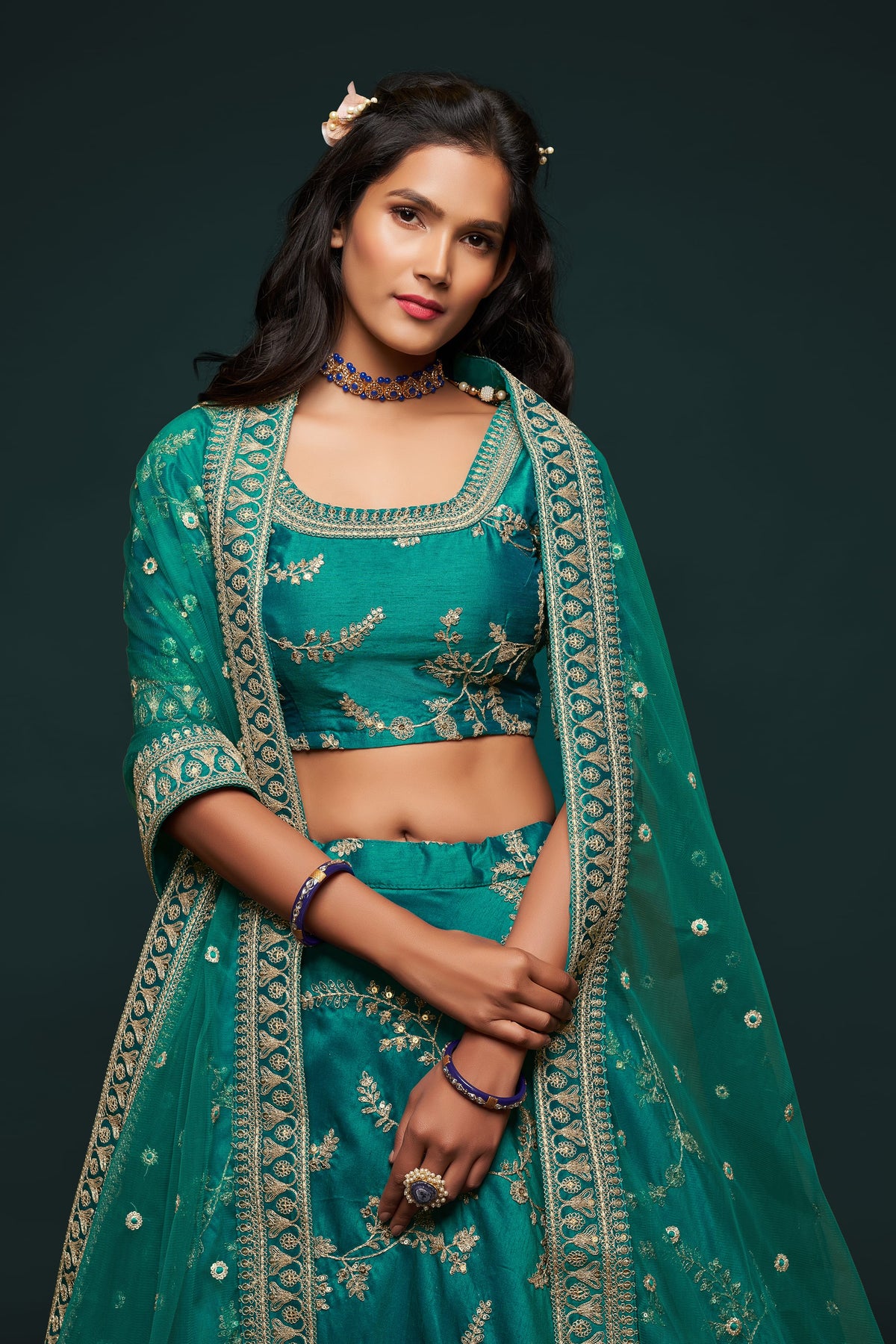 Emerald Teal Gold Embroidered Lehenga Choli with Dupatta