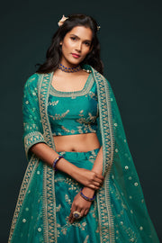 Emerald Teal Gold Embroidered Lehenga Choli with Dupatta