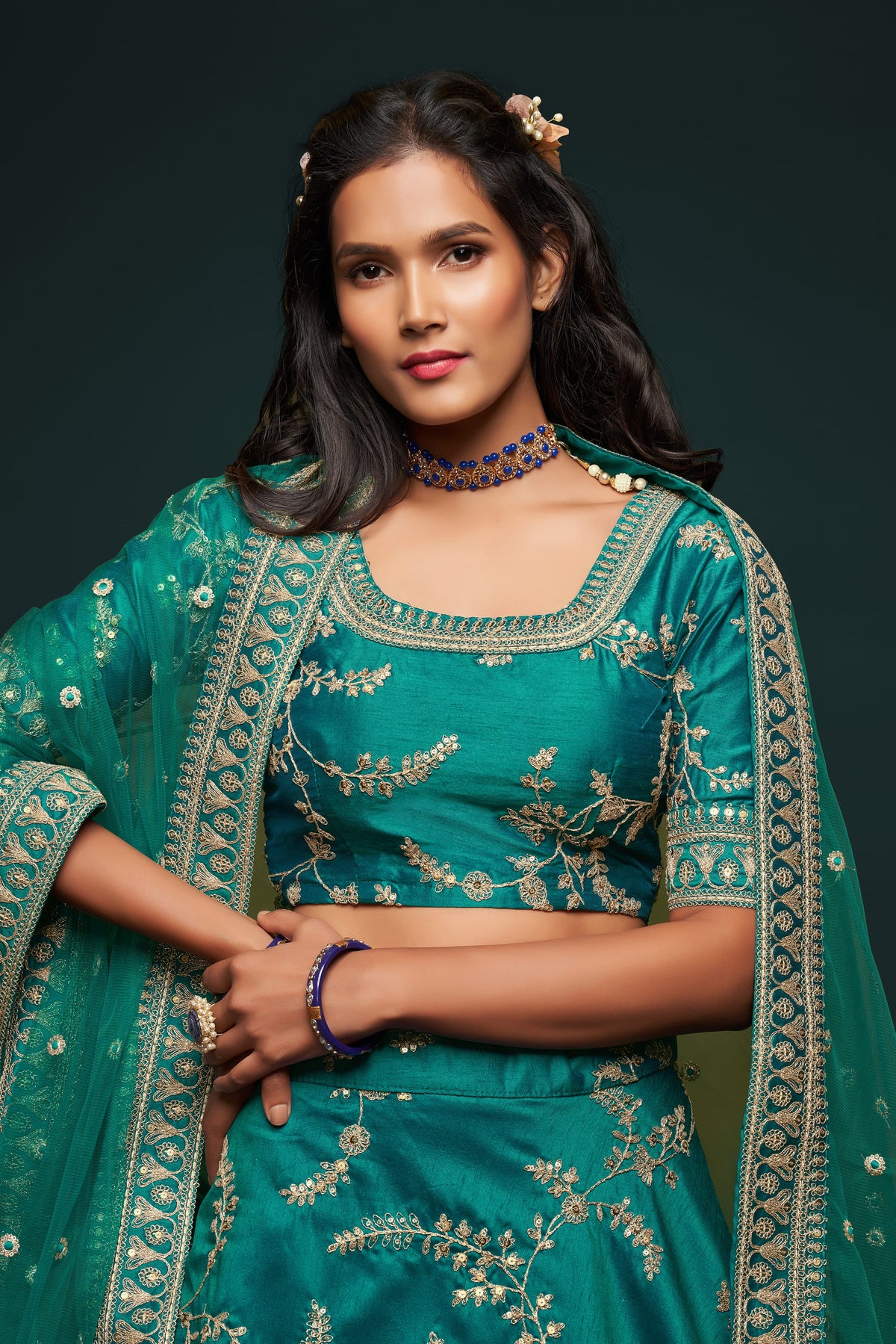 Emerald Teal Gold Embroidered Lehenga Choli with Dupatta