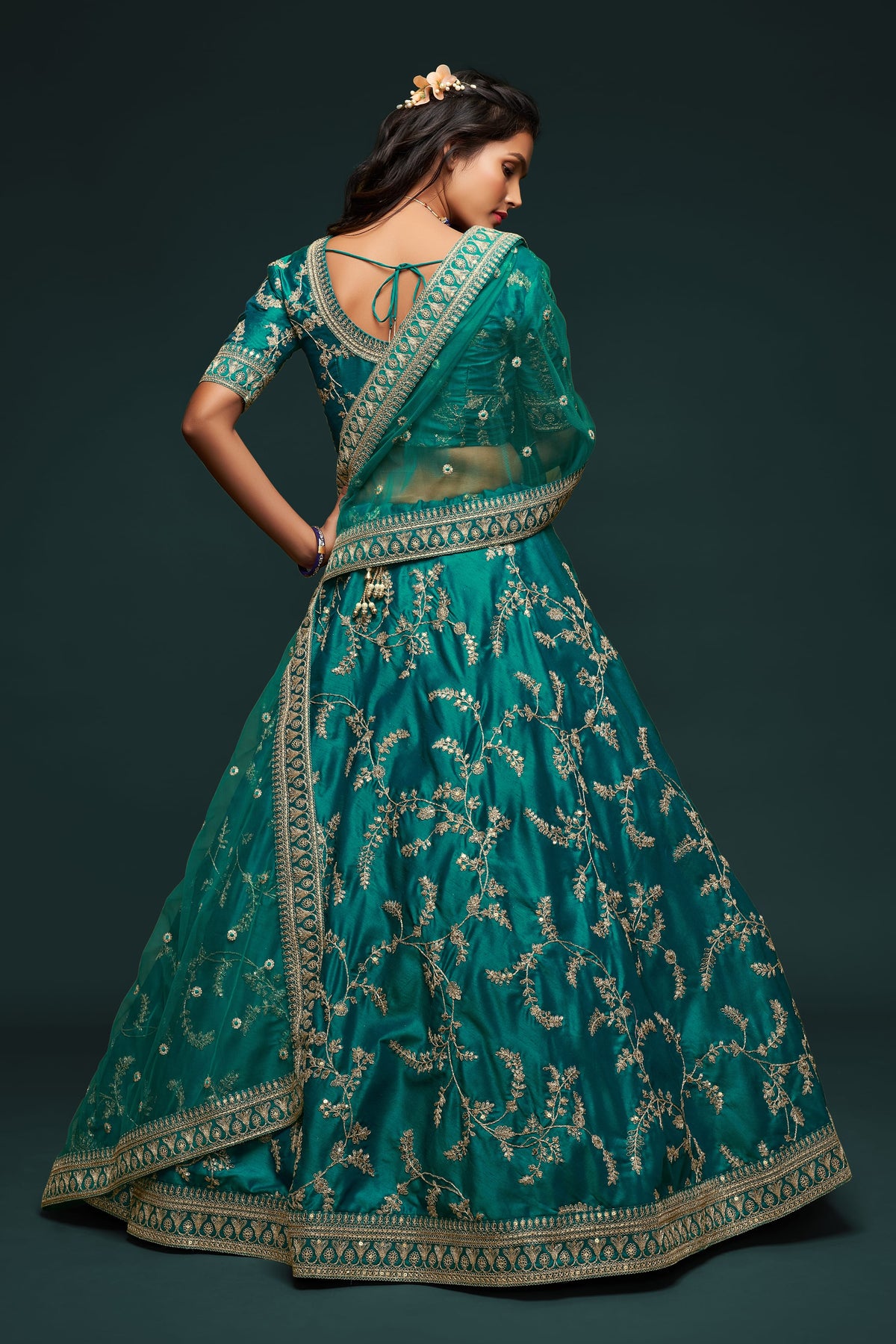 Emerald Teal Gold Embroidered Lehenga Choli with Dupatta