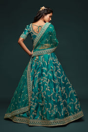 Emerald Teal Gold Embroidered Lehenga Choli with Dupatta