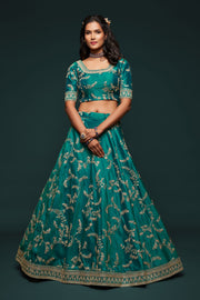 Emerald Teal Gold Embroidered Lehenga Choli with Dupatta