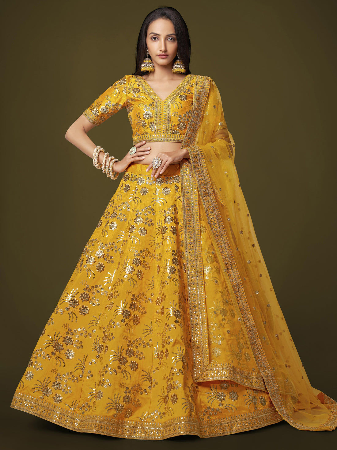 Mustard Yellow Heavy Embroidered Lehenga Choli with Dupatta