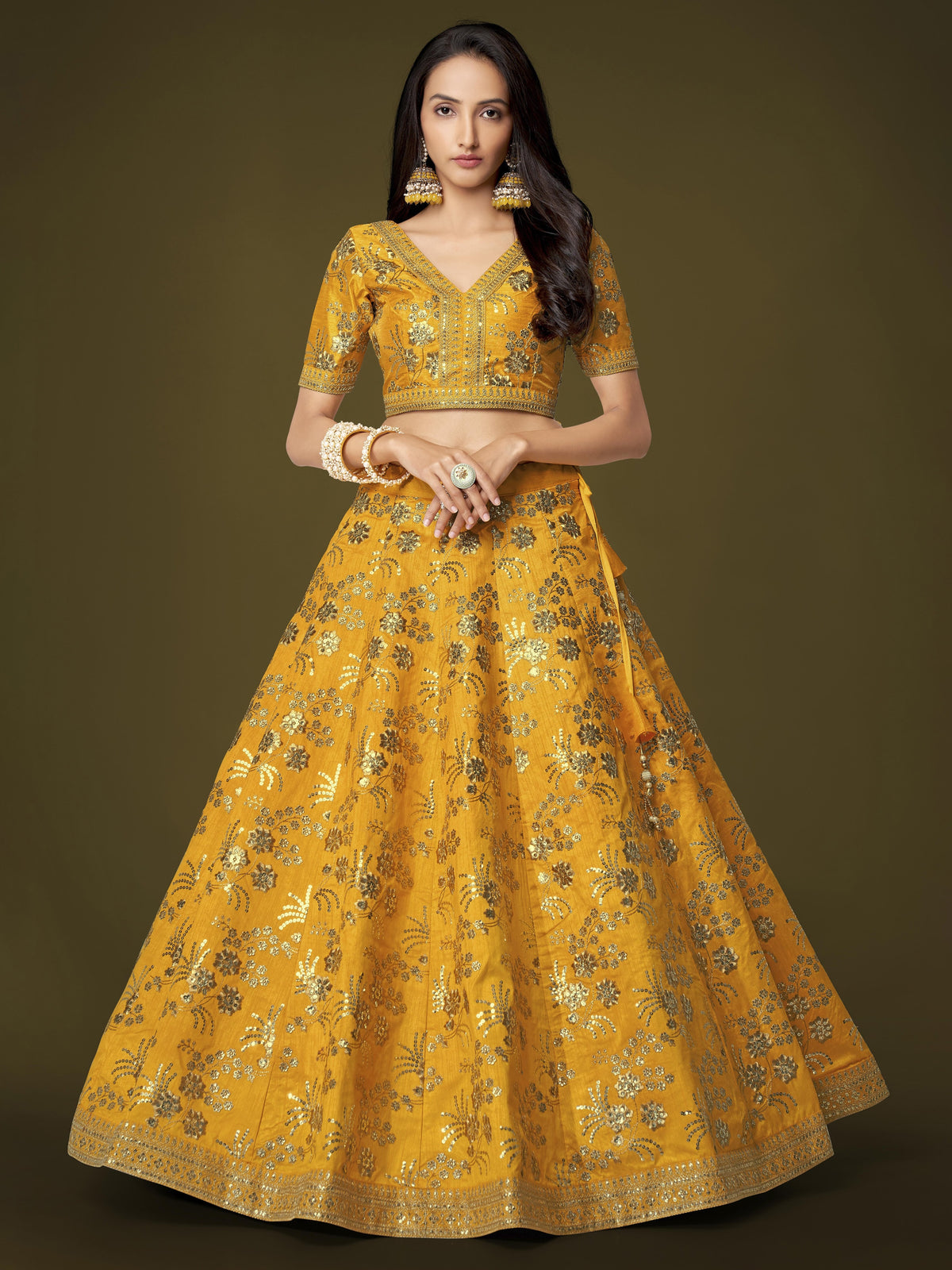 Mustard Yellow Heavy Embroidered Lehenga Choli with Dupatta