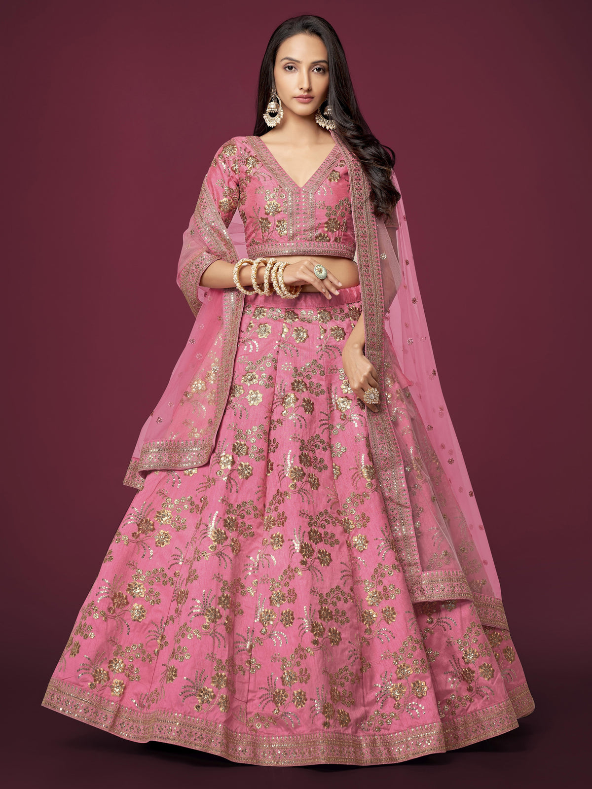 Pink Floral Embroidered Lehenga Choli with Dupatta
