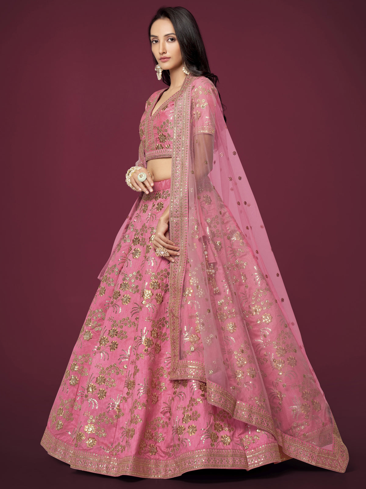 Pink Floral Embroidered Lehenga Choli with Dupatta