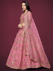 Pink Floral Embroidered Lehenga Choli with Dupatta