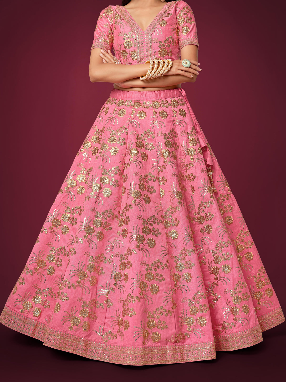 Pink Floral Embroidered Lehenga Choli with Dupatta