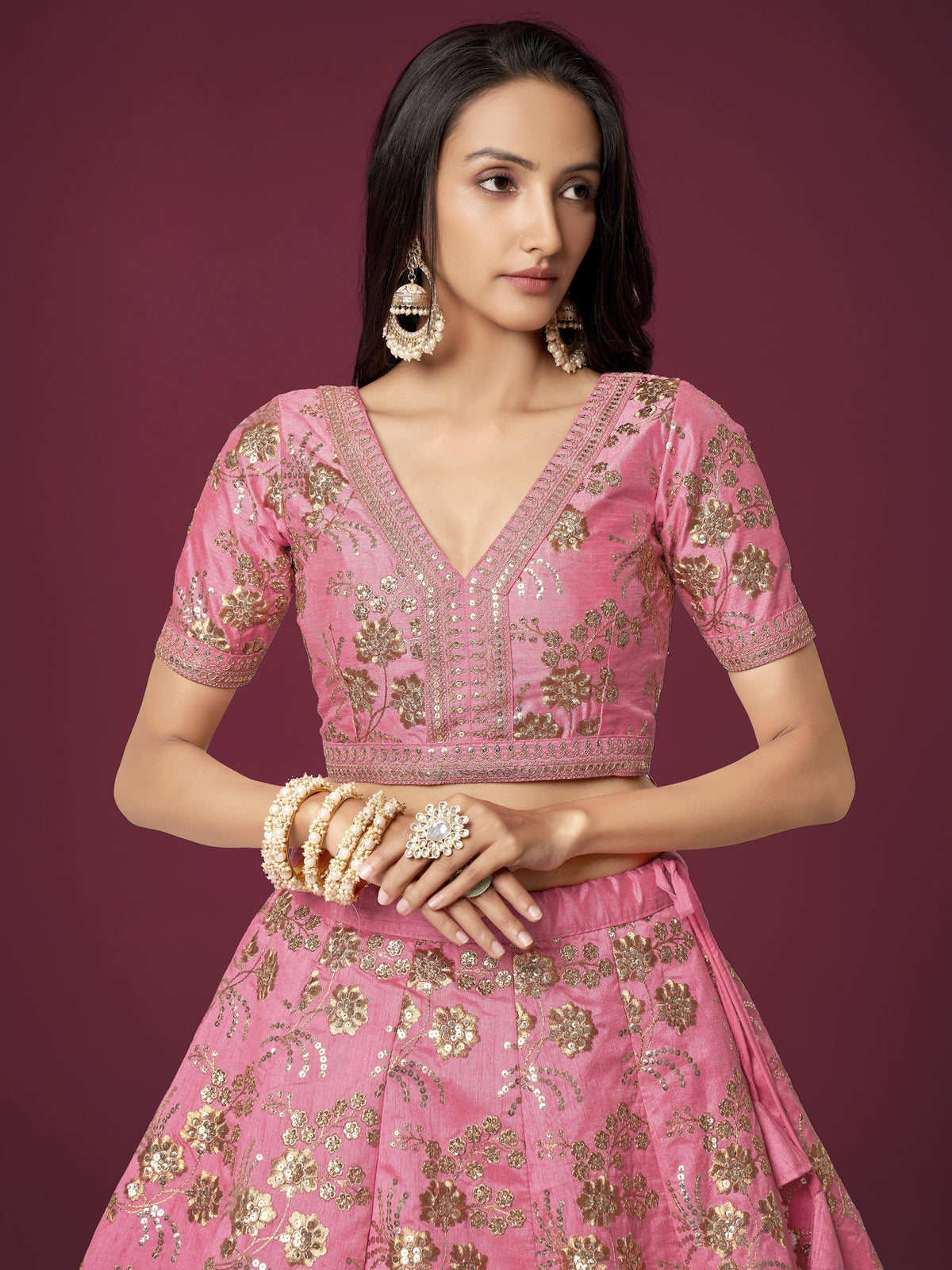 Pink Floral Embroidered Lehenga Choli with Dupatta