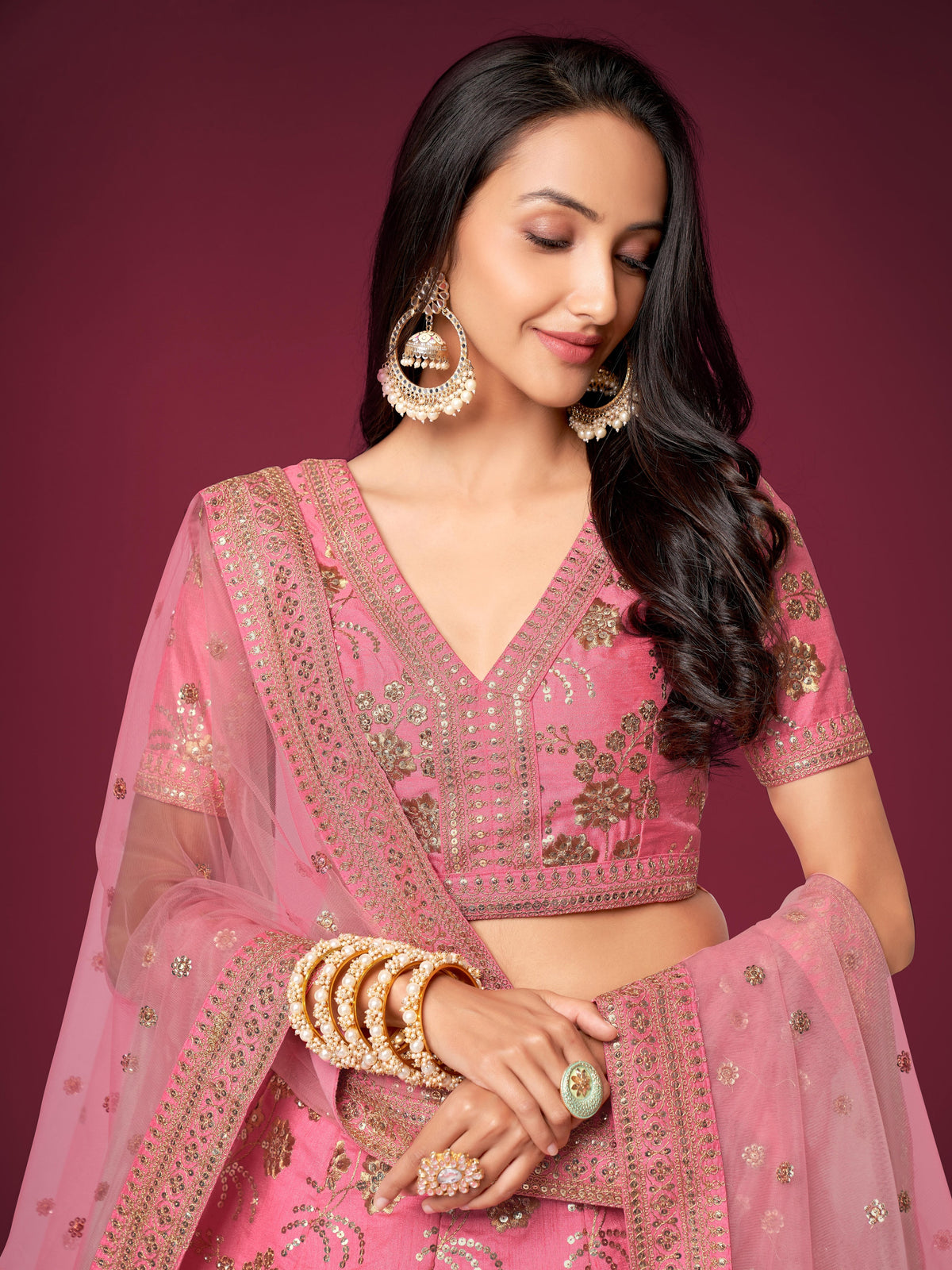 Pink Floral Embroidered Lehenga Choli with Dupatta