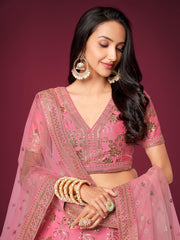 Pink Floral Embroidered Lehenga Choli with Dupatta