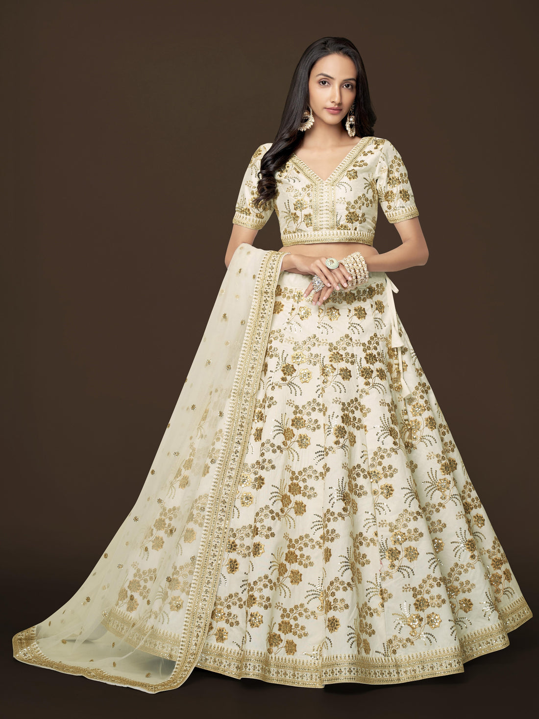 Ivory Gold Floral Embroidered Lehenga Choli with Dupatta
