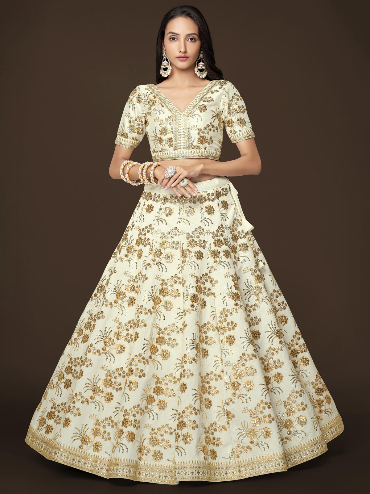 Ivory Gold Floral Embroidered Lehenga Choli with Dupatta