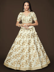 Ivory Gold Floral Embroidered Lehenga Choli with Dupatta