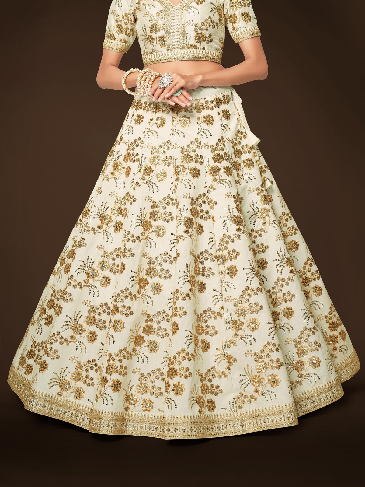 Ivory Gold Floral Embroidered Lehenga Choli with Dupatta