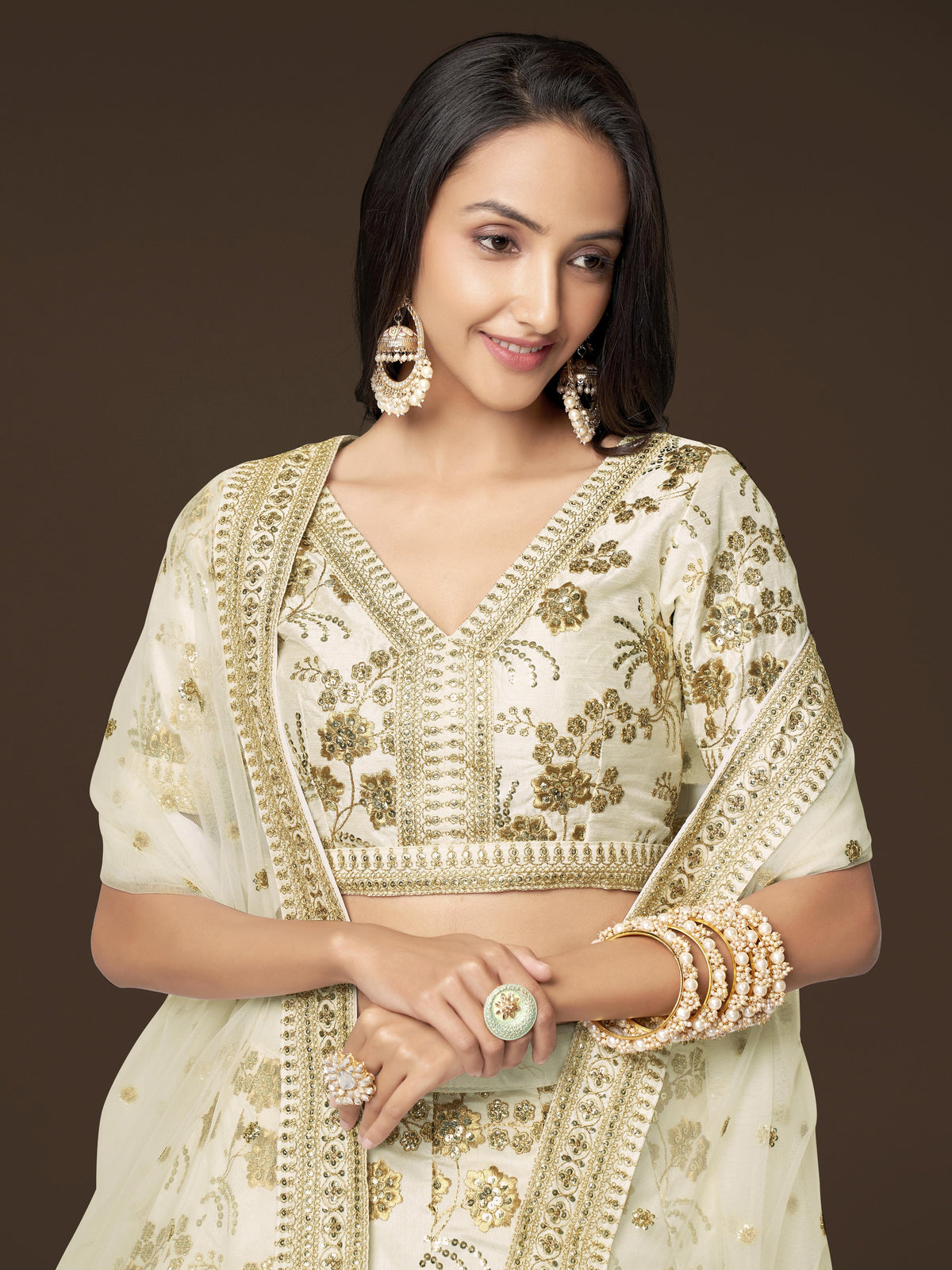Ivory Gold Floral Embroidered Lehenga Choli with Dupatta