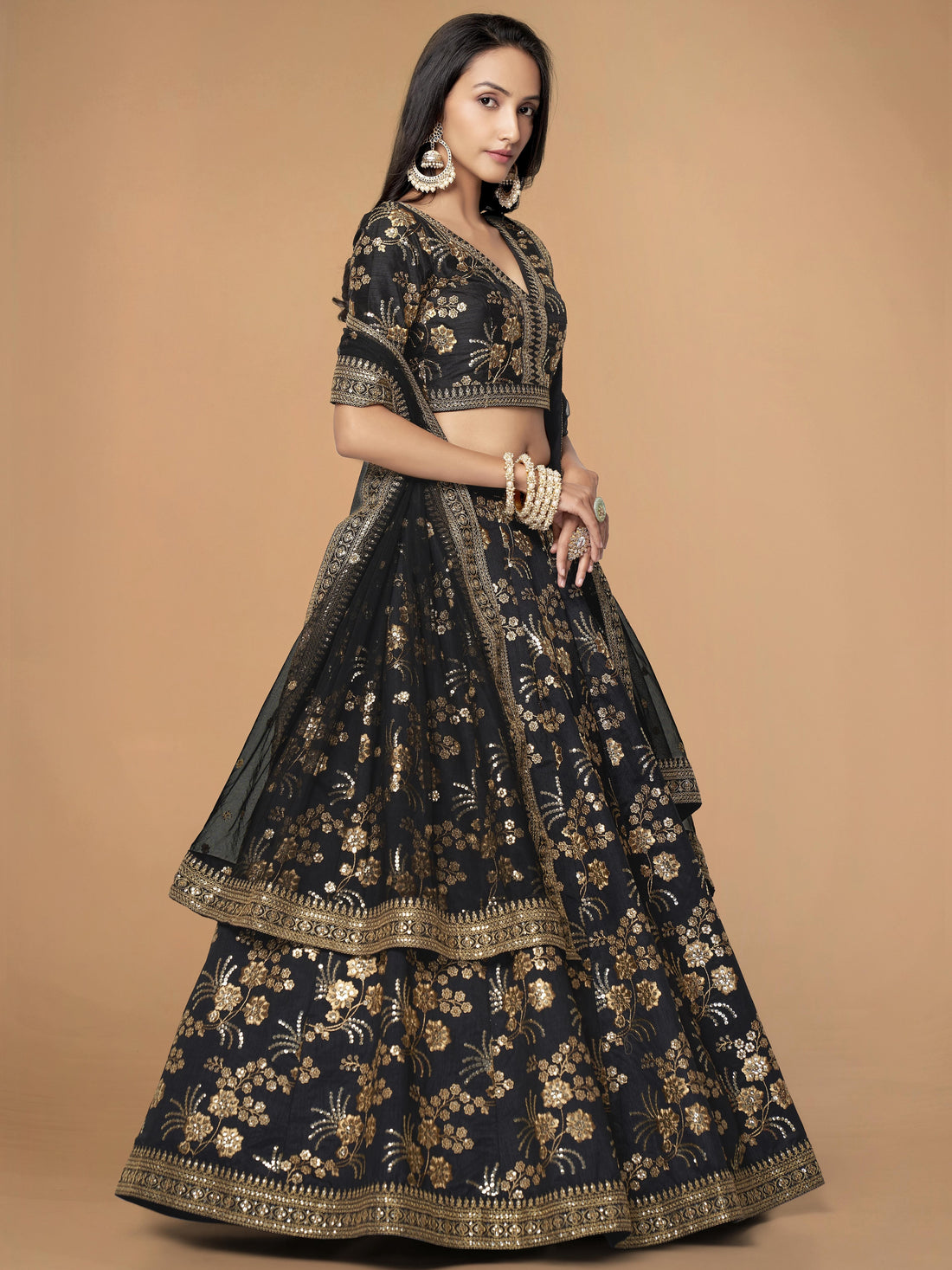Black and Gold Floral Embroidered Lehenga Choli with Dupatta
