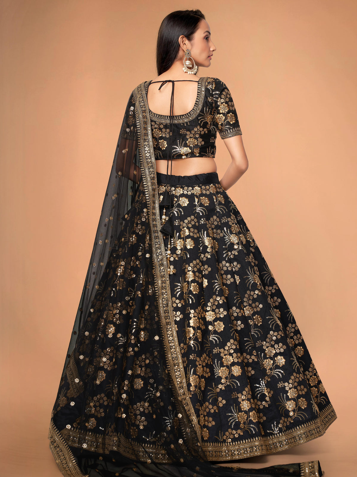Black and Gold Floral Embroidered Lehenga Choli with Dupatta