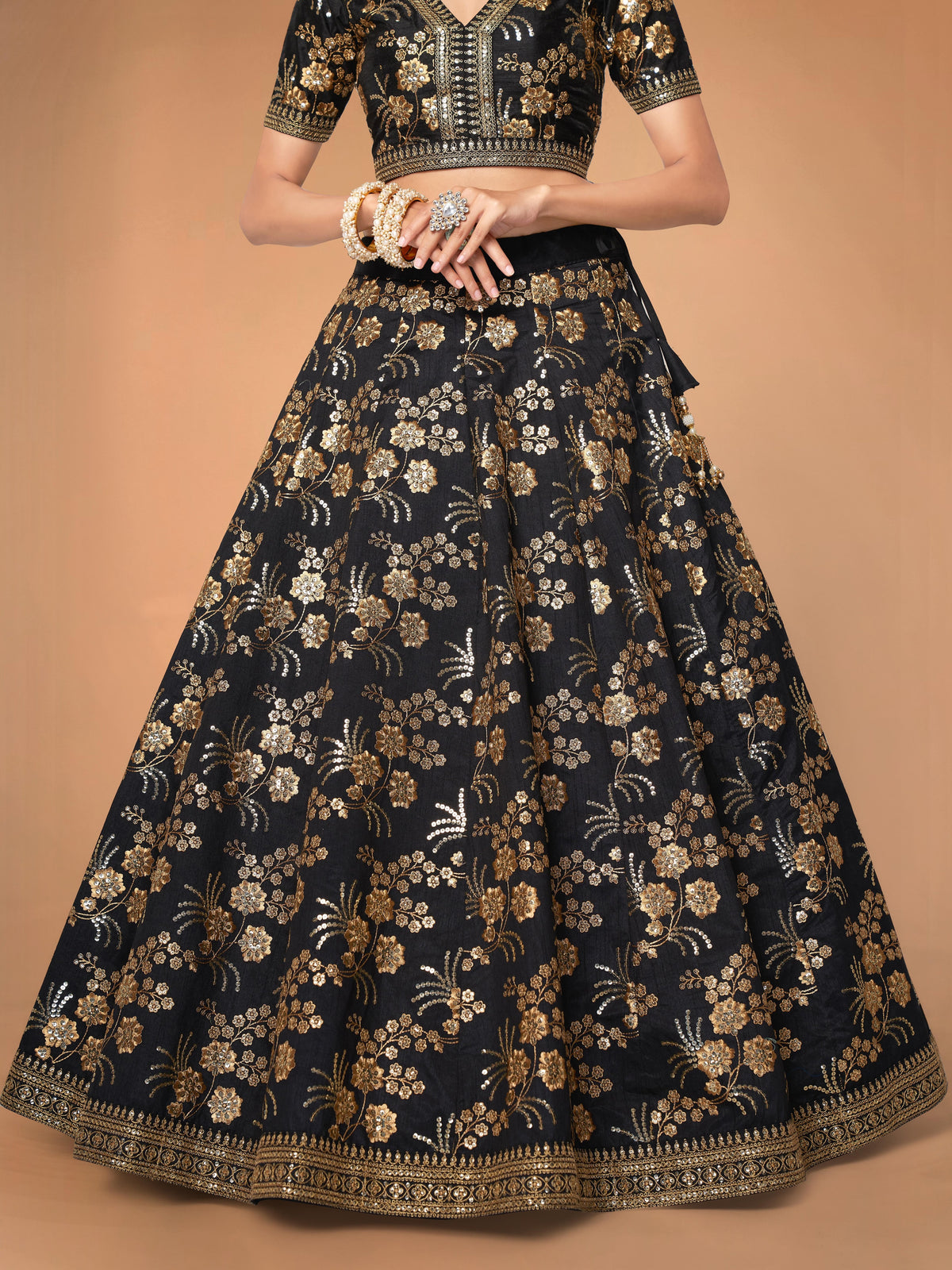 Black and Gold Floral Embroidered Lehenga Choli with Dupatta